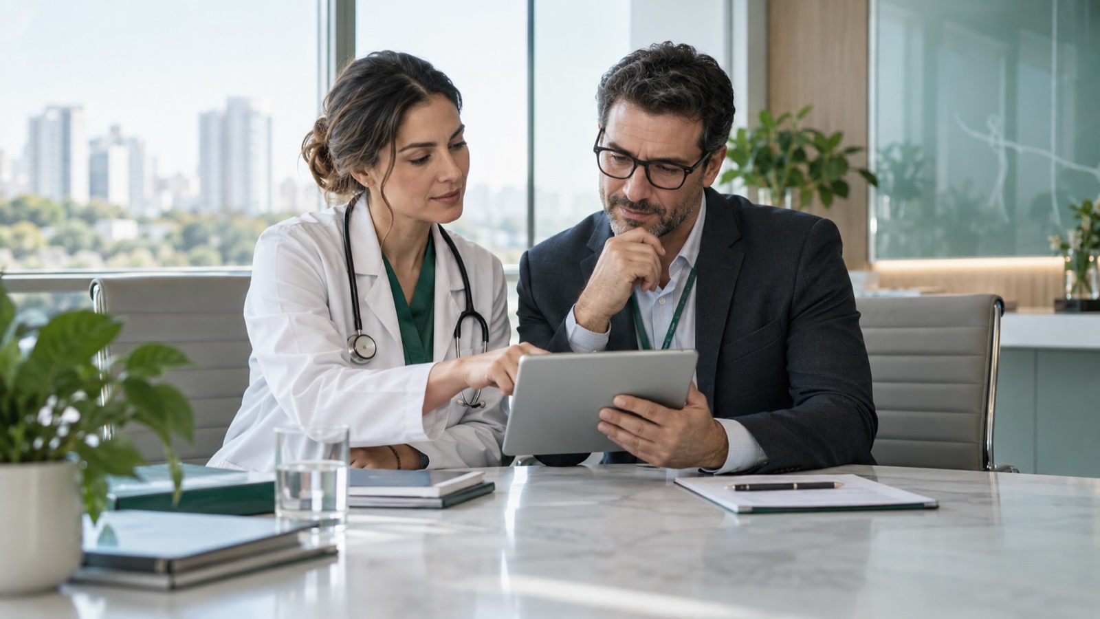 Médica e auditor analisando juntos informações em um tablet.