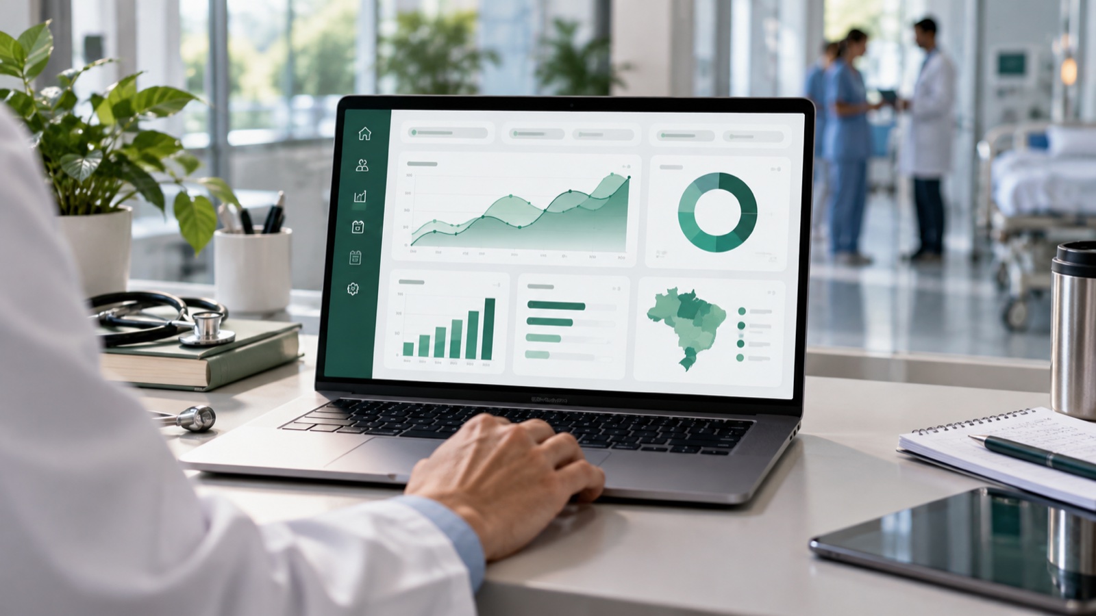 Notebook com painel conceitual de indicadores em um ambiente de saúde.
